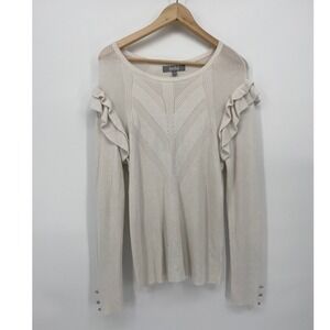 Marled Reunited Clothing Ruffle Sweater Womens Large Cream Excellent Ribbed Knit